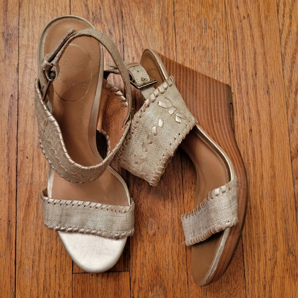 Jack Rogers 6M Wedge Sandals Gold Whipstitch VANESSA Stacked Heels Summer Beach